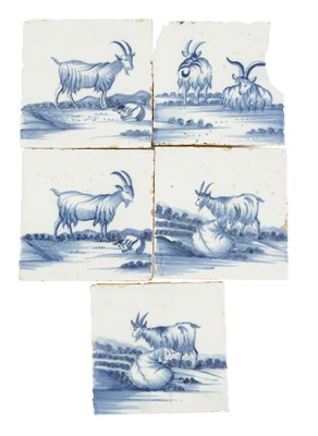 Lot 64 - A SET OF FIVE 18TH CENTURY HAND-PAINTED BLUE AND WHITE DELFT TILES