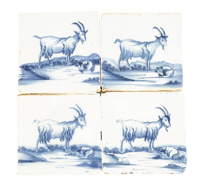 Lot 58 - A SET OF FOUR 18TH CENTURY HAND-PAINTED BLUE AND WHITE DELFT TILES
