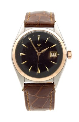 Lot 1253 - A GENTLEMAN'S 1947 STEEL AND PINK GOLD ROLEX BUBBLE BACK AUTOMATIC DATE MODEL WRISTWATCH