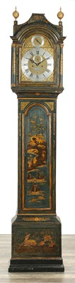 Lot 1371 - THOMAS HILL, LONDON. A GEORGE III BLUE LACQUER CHINOISIERE LONGCASE CLOCK