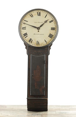 Lot 1415 - JOHN WILSON, PETERBOROUGH. A GEORGE III LACQUERED CHINOISERIE TAVERN CLOCK