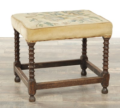 Lot 1652 - A WILLIAM AND MARY OAK UPHOLSTERED STOOL