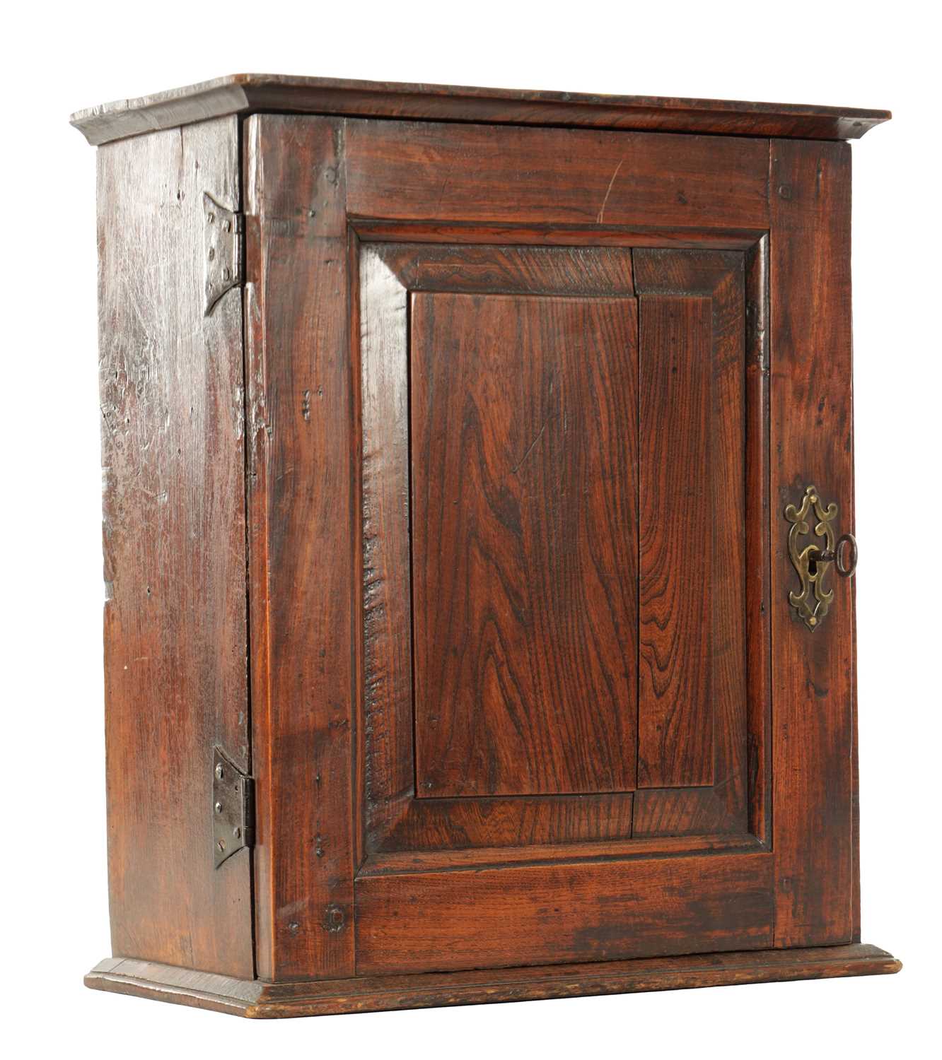 Lot 1662 - A GOOD EARLY 18TH CENTURY ELM HANGING SPICE CABINET
