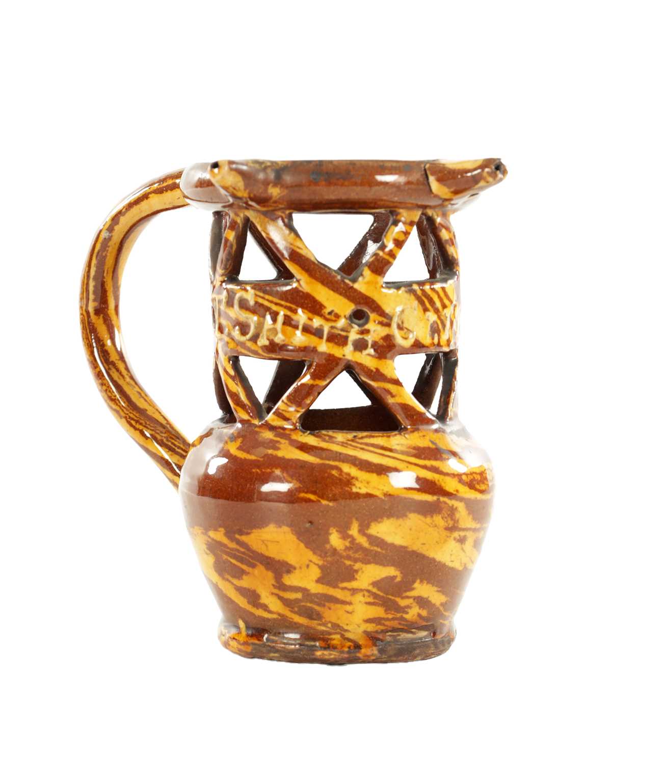 Lot 19 - AN EARLY 20TH CENTURY CLITHEROE SLIPWARE PUZZLE JUG
