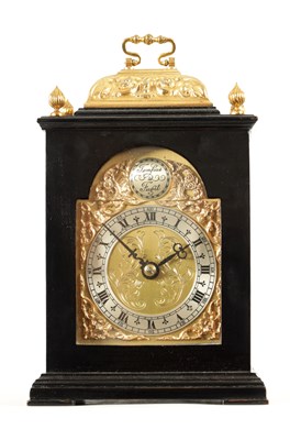 Lot 1266 - AN EARLY 20TH CENTURY MINIATURE GILT BRASS MOUNTED EBONISED BASKET TOP MANTEL CLOCK