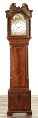 Lot 1452 - BENJAMIN PEERS, CHESTER. A CENTRE SECONDS CENTRE CALENDAR GEORGE III FLAMED MAHOGANY LONGCASE CLOCK