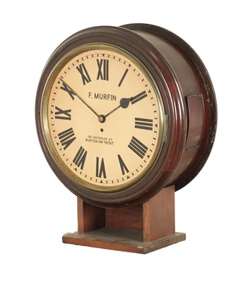 Lot 1308 - F. MURFIN, BURTON-ON-TRENT. A LATE 19TH CENTURY MAHOGANY DOUBLE-FACED FUSEE STATION CLOCK