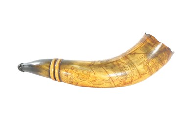 Lot 1106 - A 19TH CENTURY SCRIMSHAW HORN POWDER FLASK