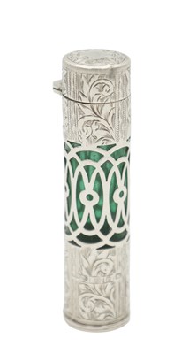 Lot 166 - A VICTORIAN SILVER MOUNTED GREEN GLASS PERFUME BOTTLE AND STOPPER