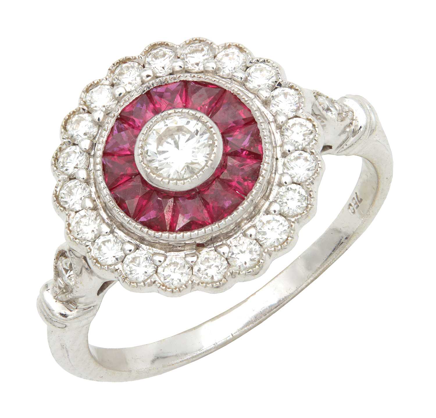 Lot 304 - AN 18CT WHITE GOLD RUBY AND DIAMOND RING