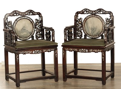 Lot 428 - A GOOD PAIR OF 19TH CENTURY CHINESE MOTHER OF PEARL INLAID HARDWOOD ARMCHAIRS