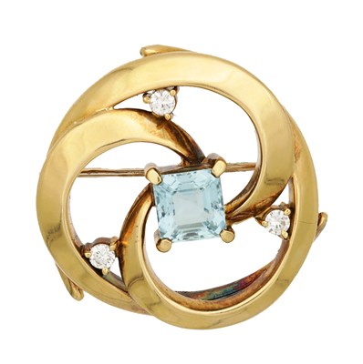 Lot 266 - A LADIES 14CT GOLD AQUAMARINE AND DIAMOND BROOCH