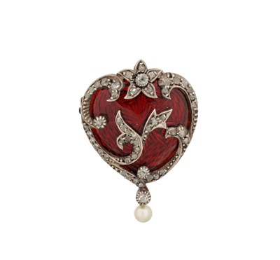 Lot 262 - A 19TH CENTURY 9CT ROSE GOLD DIAMOND AND PEARL ENAMEL PENDANT