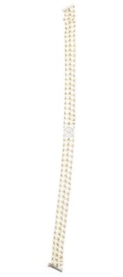 Lot 297 - A 15CT WHITE GOLD PEARL AND DIAMOND CHOKER NECKLACE