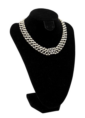 Lot 297 - A 15CT WHITE GOLD PEARL AND DIAMOND CHOKER NECKLACE