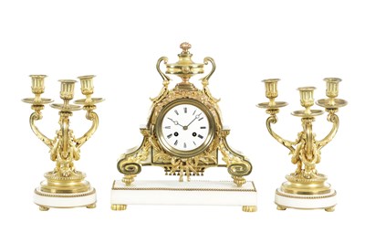Lot 1423 - A 19TH CENTURY FRENCH ORMOLU AND WHITE MARBLE THREE-PIECE CLOCK GARNITURE