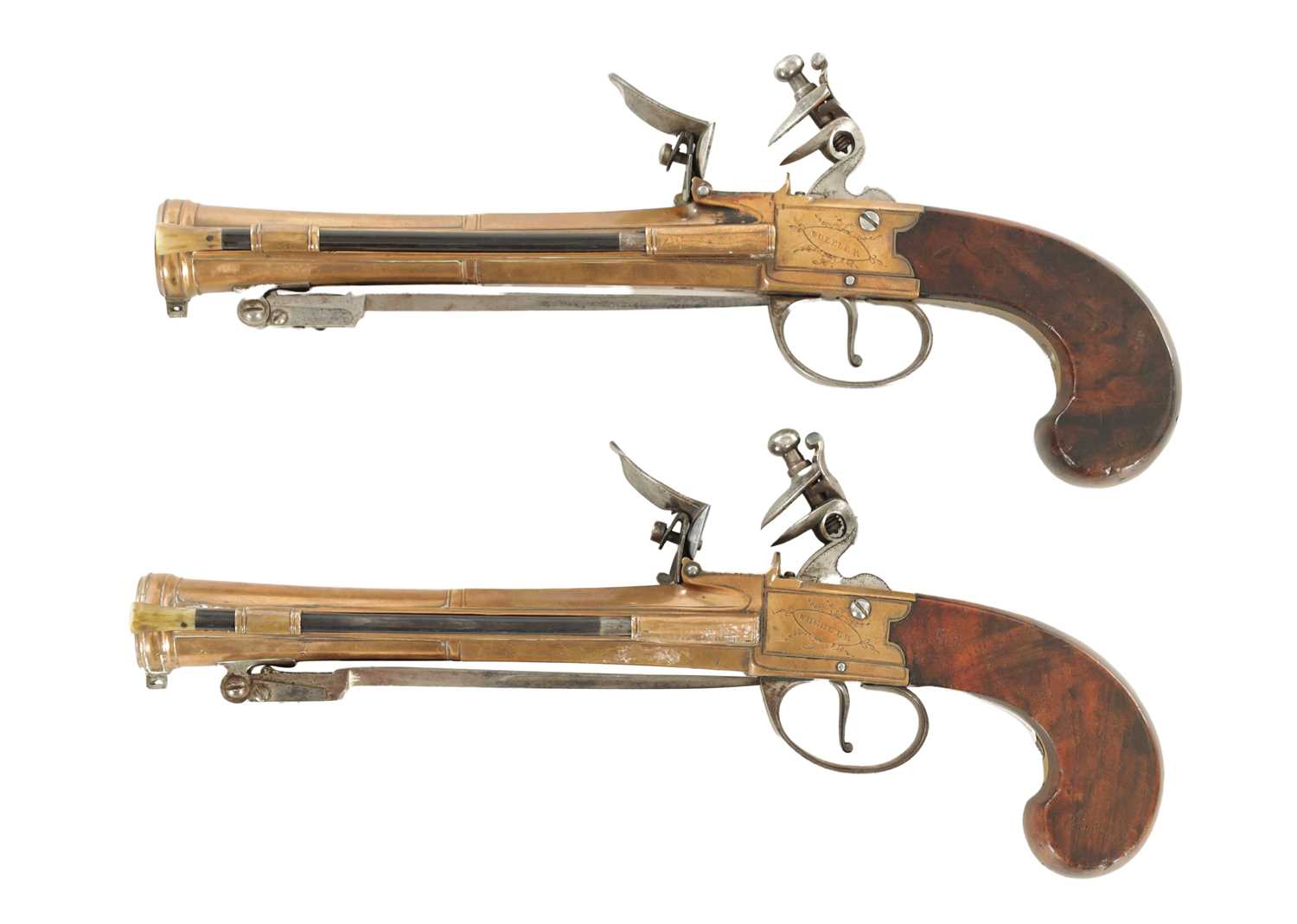 Lot 613 - WHEELER. A GOOD PAIR OF EARLY 19TH CENTURY BRONZE FRAMED BOXLOCK BLUNDERBUSS PISTOLS WITH UNDER FLICK BAYONETS