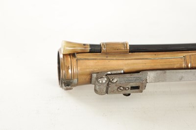 Lot 613 - WHEELER. A GOOD PAIR OF EARLY 19TH CENTURY BRONZE FRAMED BOXLOCK BLUNDERBUSS PISTOLS WITH UNDER FLICK BAYONETS