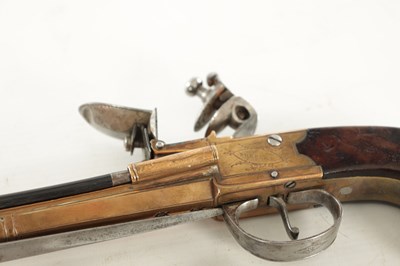 Lot 613 - WHEELER. A GOOD PAIR OF EARLY 19TH CENTURY BRONZE FRAMED BOXLOCK BLUNDERBUSS PISTOLS WITH UNDER FLICK BAYONETS