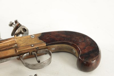 Lot 613 - WHEELER. A GOOD PAIR OF EARLY 19TH CENTURY BRONZE FRAMED BOXLOCK BLUNDERBUSS PISTOLS WITH UNDER FLICK BAYONETS