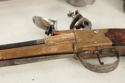 Lot 613 - WHEELER. A GOOD PAIR OF EARLY 19TH CENTURY BRONZE FRAMED BOXLOCK BLUNDERBUSS PISTOLS WITH UNDER FLICK BAYONETS