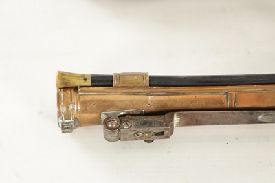 Lot 613 - WHEELER. A GOOD PAIR OF EARLY 19TH CENTURY BRONZE FRAMED BOXLOCK BLUNDERBUSS PISTOLS WITH UNDER FLICK BAYONETS