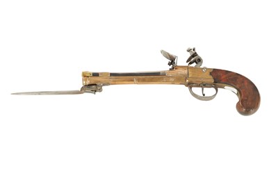 Lot 613 - WHEELER. A GOOD PAIR OF EARLY 19TH CENTURY BRONZE FRAMED BOXLOCK BLUNDERBUSS PISTOLS WITH UNDER FLICK BAYONETS