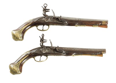 Lot 603 - IH DEOP. A PAIR OF 18TH CENTURY SPANISH FLINTLOCK HOLSTER PISTOLS