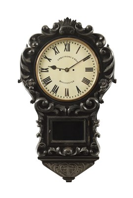 Lot 1316 - ARMSTRONG & BRO. MANCHESTER. A LATE 19TH CENTURY CARVED EBONISED DOUBLE FUSEE WALL CLOCK