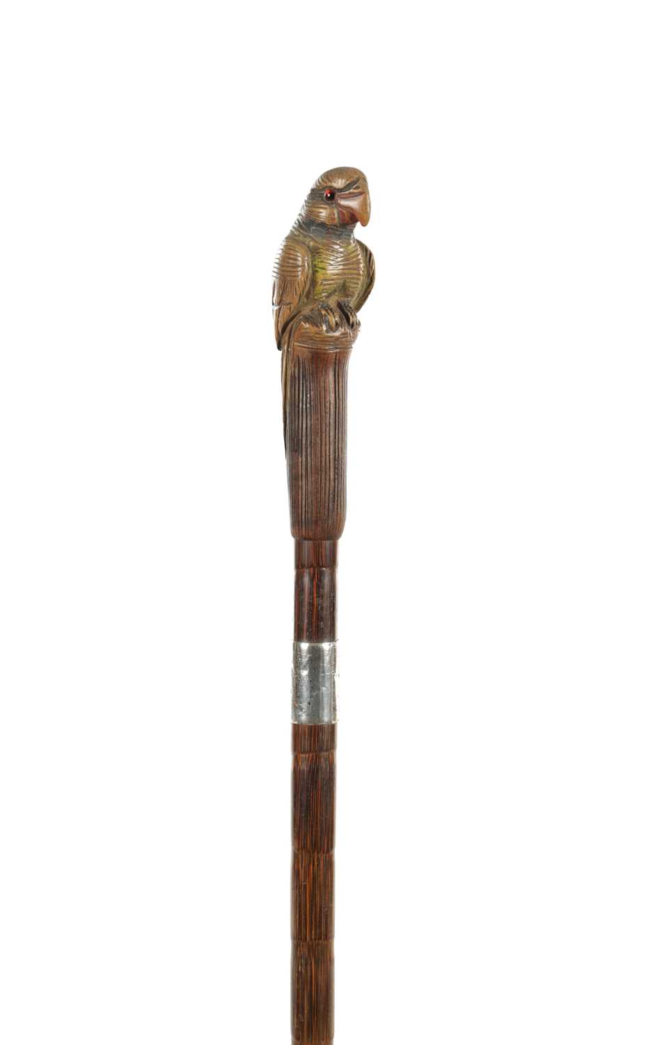 Lot 849 - AN EARLY 20TH CENTURY CARVED AND PAINTED PARROT HANDLED WALKING CANE