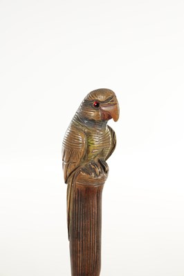 Lot 849 - AN EARLY 20TH CENTURY CARVED AND PAINTED PARROT HANDLED WALKING CANE