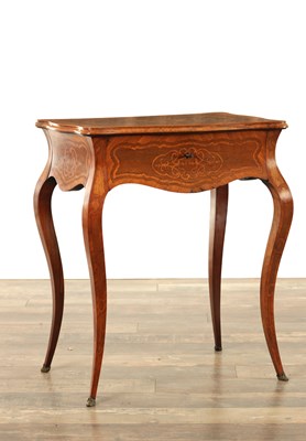 Lot 1651 - A 19TH CENTURY FRENCH INLAID ROSEWOOD AND KINGWOOD SEWING TABLE