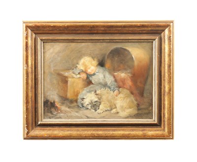 Lot 737 - ANDREW SCOTT RANKIN (1868-1942). A LATE 19TH / EARLY 20TH CENTURY OIL ON CANVAS "DROWSEY FIRE-WATCHERS"