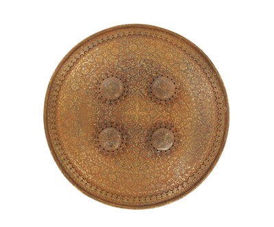 Lot 601 - A 19TH CENTURY INDIAN GOLD-KOFTGARI WORK STEEL SHIELD