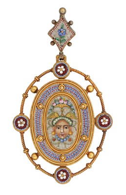 Lot 264 - IN THE MANNER OF LUIGI PODIO (d. 1888 ITALIAN) A MID 19TH CENTURY 18CT YELLOW GOLD AND MICROMOSAIC PENDANT