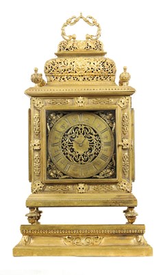 Lot 1403 - A 19TH CENTURY FRENCH BRASS CASED BASKET TOP BRACKET CLOCK