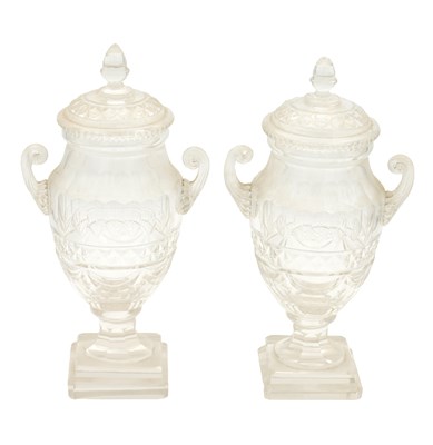 Lot 9 - A PAIR OF REGENCY CUT GLASS LIDDED URNS