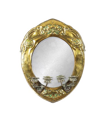 Lot 1520 - AN ART NOVEAU BRASS AND RUSKIN ENAMEL HANGING MIRROR