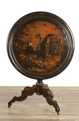 Lot 1574 - A 19TH CENTURY LACQUERWORK PAINTED TILT TOP TABLE