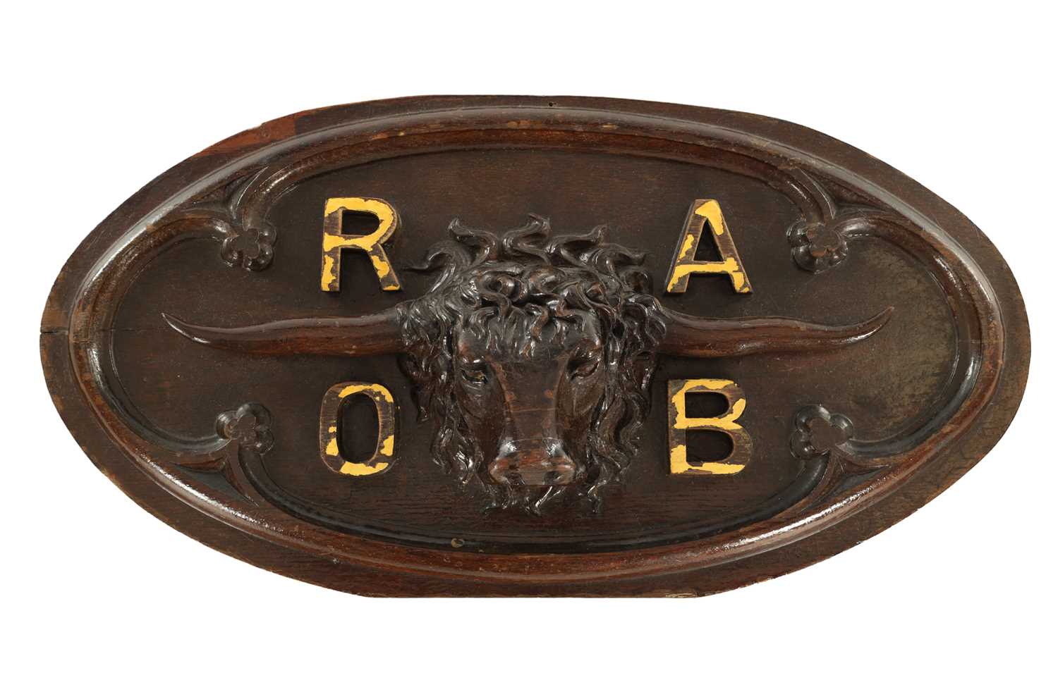 Lot 978 - A 19TH CENTURY CARVED OAK WALL PLAQUE FOR THE ROYAL ANTEDILUVIAN ORDER OF BUFFALOES (RAOB)
