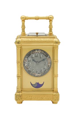 Lot 1334 - DROCOURT, PARIS. A FINE GILT ENGRAVED QUARTER STRIKING CARRIAGE CLOCK WITH MOONPHASE
