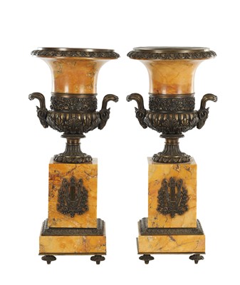 Lot 949 - A PAIR OF 19TH CENTURY REGENCY STYLE BRONZE AND SIENA MARBLE URNS