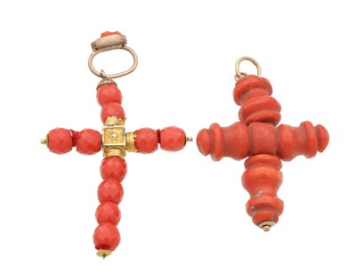 Lot 362 - A PAIR OF 19TH CENTURY CORAL CROSS PENDANTS