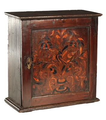 Lot 1615 - A 17TH CENTURY OAK, FRUITWOOD AND MARQUETRY INLAID HANGING SPICE CABINET