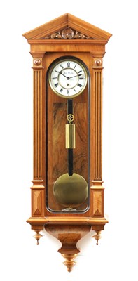 Lot 1297 - A SMALL LATE 19TH CENTURY VIENNA STYLE WEIGHT DRIVEN REGULATOR WALL CLOCK