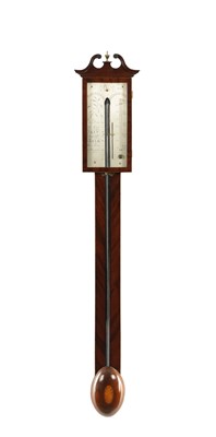 Lot 1455 - GEORGE BROWN, EDINBURGH. A GEORGE III FIGURED MAHOGANY STICK BAROMETER