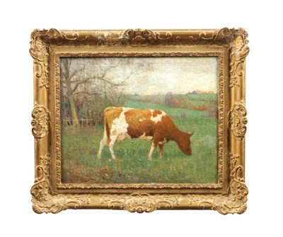 Lot 723 - THOMAS BINNEY GIBBS (1870-1946). A LATE 19TH / EARLY 20TH CENTURY OIL ON CANVAS PORTRAIT OF A COW