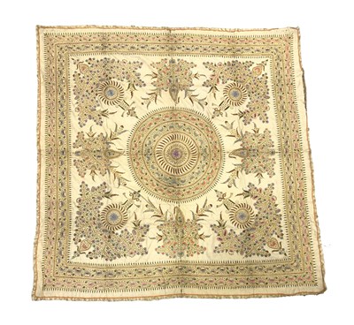 Lot 549 - AN INDIAN SILK, GOLD WIRE EMBROIDERED TABLE COVER