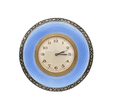 Lot 1365 - A MID 20TH CENTURY SILVER AND GUILLOCHE ENAMEL DESK CLOCK