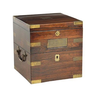 Lot 1345 - A 19TH CENTURY ROSEWOOD AND BRASS BOUND CHRONOMETER CASE